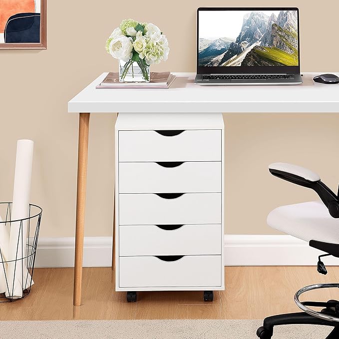 Naomi Home Taylor 5 Drawer Chest, Wood Storage Dresser Cabinet with Wheels, Craft Storage Organization, Makeup Drawer Unit for Closet, Office File Cabinet 180 lbs Total Capacity - White