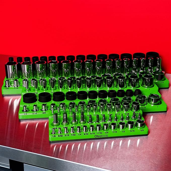 Olsa Tools Magnetic Socket Organizer (3/8-Inch Drive, 3 Row) - Magnetic Tool Organizer & Socket Holder - Tool Box Socket Organizers - SAE Green - Holds 39 Sockets - Professional Grade - Part: 1550