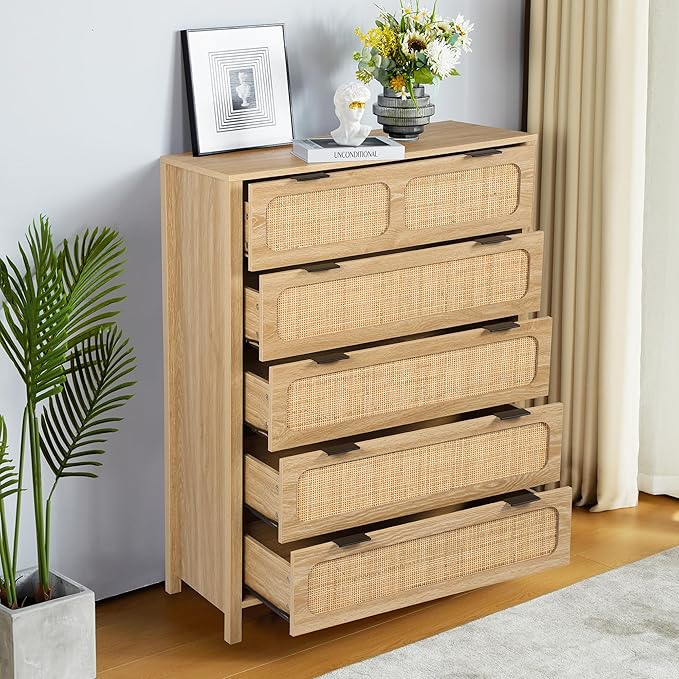 5 Drawer Dresser with Rattan Finish, Modern Farmhouse Chest of Drawers with Metal Handles, Accent Wood Storage Cabinet for Bedroom, Living Room (Natural)