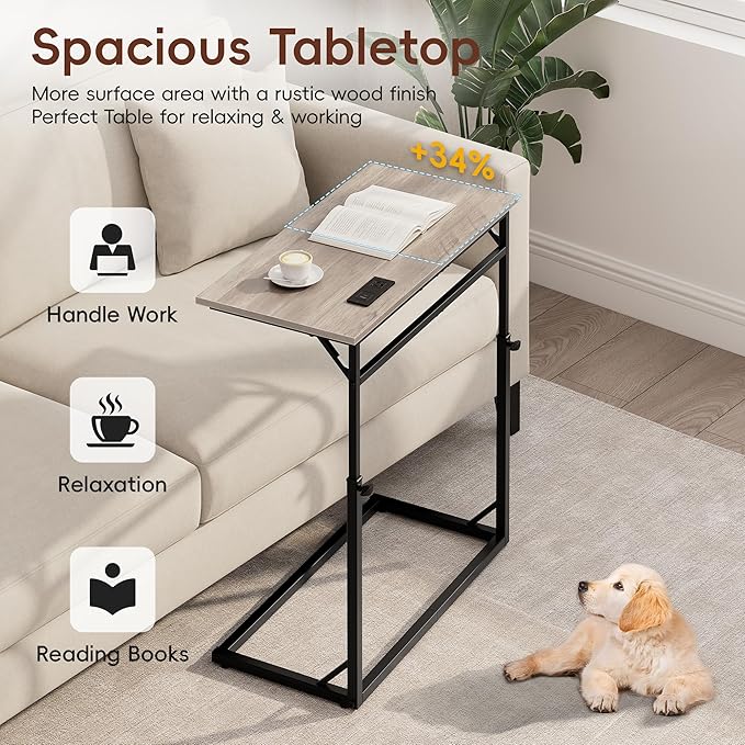 Vagusicc C Shaped End Table with Charging Station, C-Table End Table Adjustable Height Side Table for Couch, Large Couch Table, Slide Under Couch Table TV Tray Table for Sofa,Living Room,Bedroom, Grey