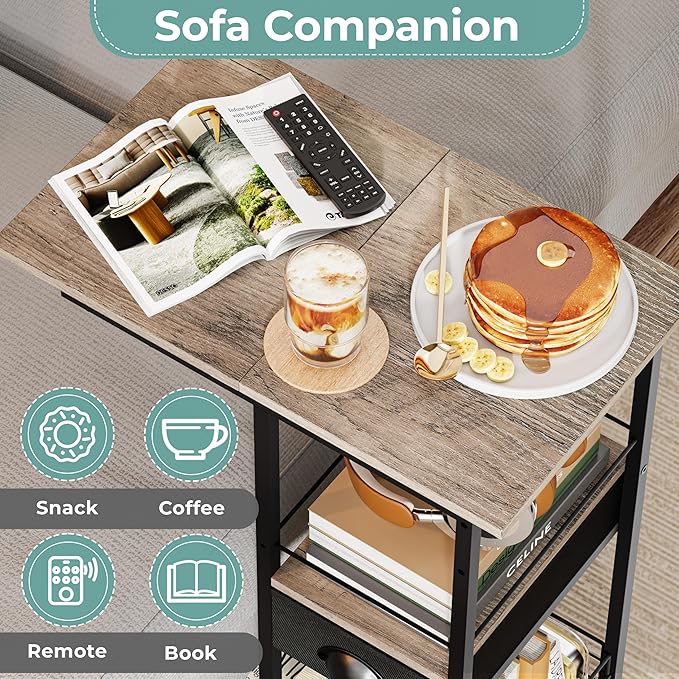 Rolling C Shaped Side Table with Storage Drawer, Ivory Portable Desk on Wheels, Bedside Table for Sofa Couch & Bed, Small Overbed Laptop Desk, Mobile Coffee End Table for Bedroom Living Room Dorm