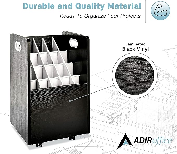 AdirOffice Adir Blue Print Storage Organizer - Mobile Roll File Cart, Construction Plan Holders, Blueprint Cabinet with Wheels, Roll Files Storage for Office and Home (20 Slots, Black)