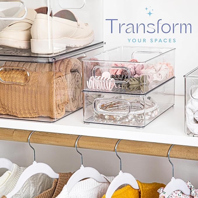 primebox Plastic Food Storage 6 Pack Clear Container Bin with Handles for Organizing Kitchen, Pantry, Refrigerator, Freezer, Pantry, Cabinet, Closet, Bathroom. Stackable 10”x6”x3”