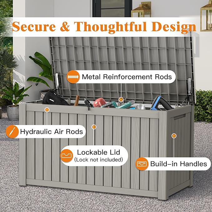 Outdoor Storage Box - Lockable Waterproof UV-Resistant Resin Deck Box for Patio Cushions, Pool Accessories (Grey, 200 Gallon)