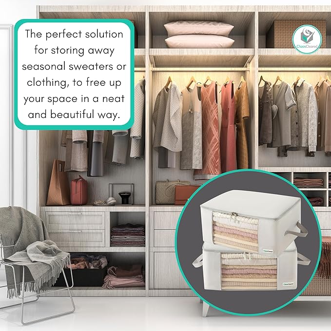 Clothing Storage Bags Clothes Organizer folding fabric bags for sweaters, clothing, garment, bedding, quilt, linens, large folding organizers with zip & window, mothproof underbed space saver bins