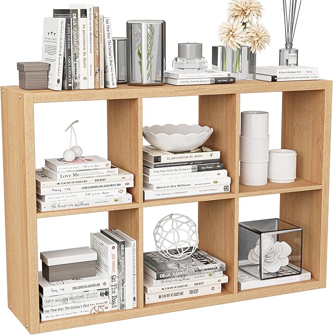 Cube Storage Organizer Bookcase, Decorative 11 inch Open Back Cubical Shelf with Thickened Border, Display Bookshelf for Living Room, Home Office, Sturdy Room (Natural Oak, 6 Cube)