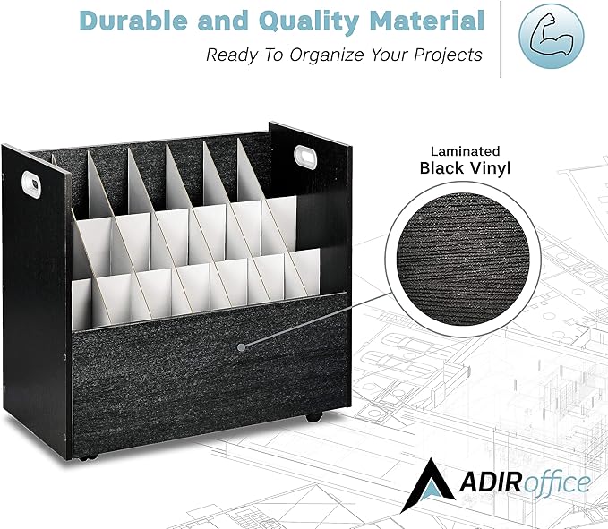 AdirOffice Adir Blue Print Storage Organizer - Mobile Roll File Cart, Construction Plan Holders, Blueprint Cabinet with Wheels, Roll Files Storage for Office and Home (21 Slots, Black)