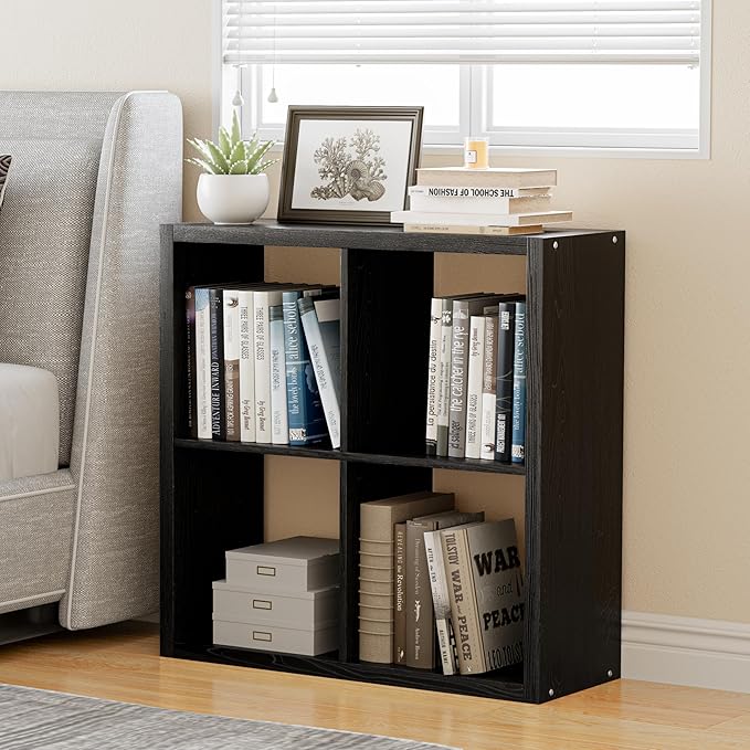 Cube Storage Organizer Bookcase, Decorative 11 inch Open Back Cubical Shelf with Thickened Border, Display Bookshelf for Living Room, Home Office, Sturdy Room (Black, 4 Cube)