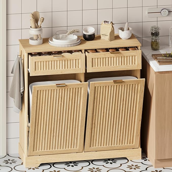 2 x 13 Gallons Double Tilt Out Trash Can Cabinet, Wooden Fluted Trash Garbage Can Cabinet with 2 Drawers, Hidden Laundry Hamper with Hooks for Kitchen Living Room, Natural Oak