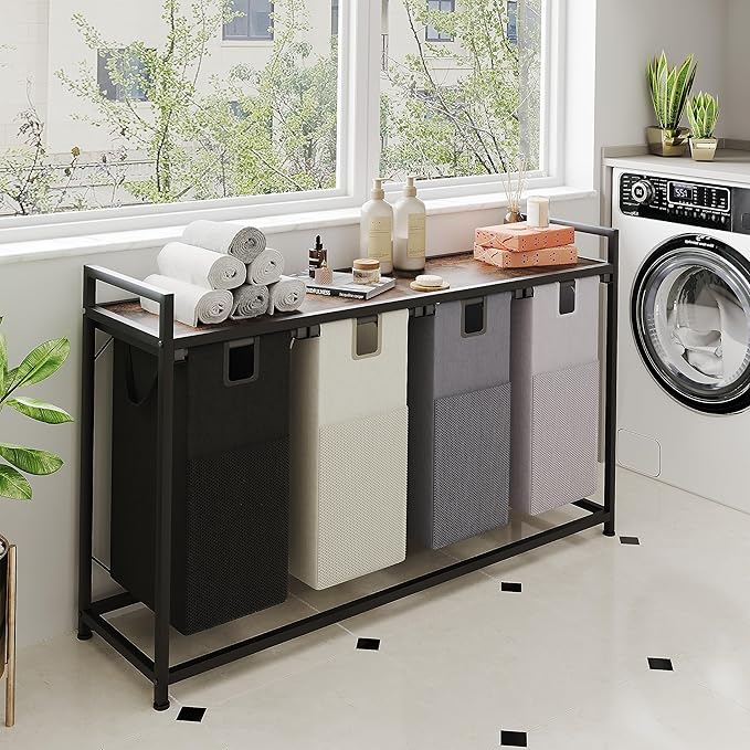 Laundry Basket Four Laundry Hamper with Removable Bags, Fabric Handles, Large Top Shelf and Laundry Bag for Bathroom, Dorm, Laundry Room