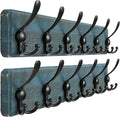 Dseap Coat Rack Wall Mounted - 24" Long 6 Tri Hooks, Heavy Duty Wooden Wall Coat Hanger Coat Hook for Clothes Hat Jacket Clothing, Weathered Blue and Black, Pack of 2
