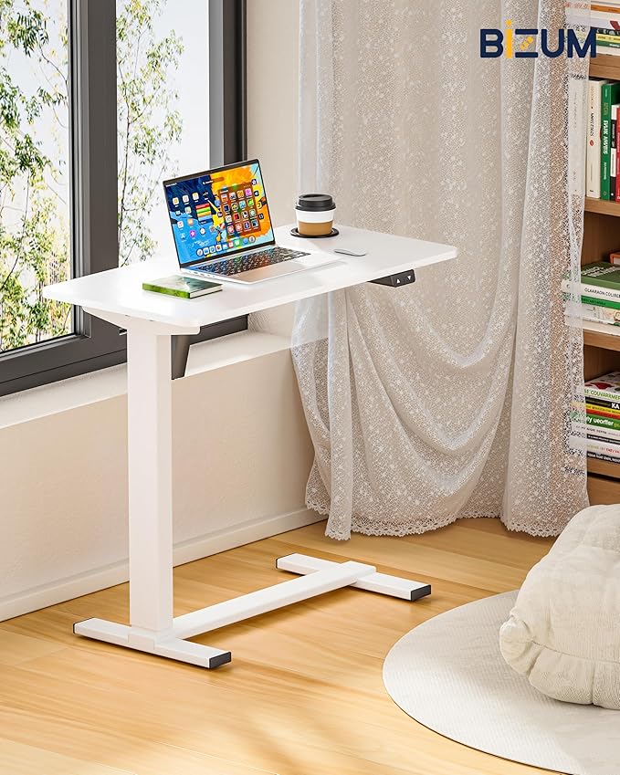 BIZUM Small Electric Standing Desk Bedside Table with Hidden Wheels 31.5 x 15.8 Inch Adjustable Computer Laptop Office Desk, White