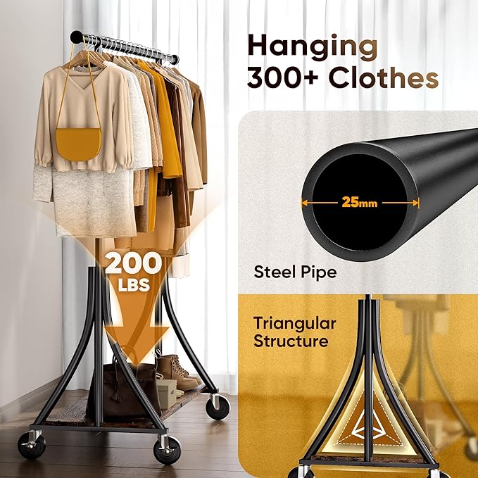 HOKEEPER Clothes Rack with Wood Shelves Height Adjustable Clothing Rack with Lockable Wheels 500LBS Portable Wooden Garment Closet for Bedroom, Living Room, Laundry, Balcony, Black