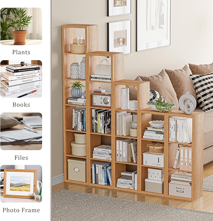Tall Cube Storage Organizer Bookcase, 5 Tier 11 inch Open Back Cubical Shelf with Thickened Border, Display Bookshelf for Living Room, Home Office, Sturdy Room (Natural Oak, 5 Cube,Vertical)
