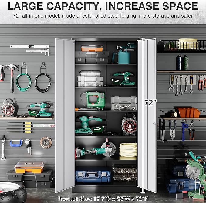 SISESOL Wide & Deep Metal Storage Cabinet with 5 Adjustable Shelf,72" Tall Garage Storage Cabinet with Lock,Metal Cabinets with Locking Doors,Lockable Steel Cabinets for Home,Office,Garage Locker