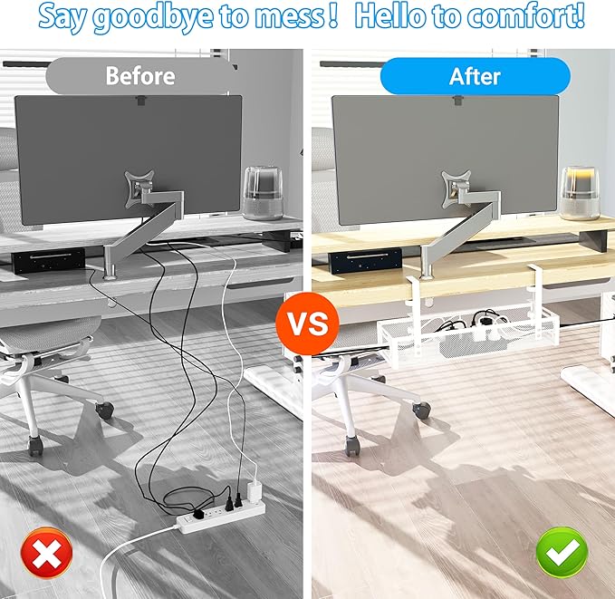 No Drill Under Desk Cable Management Tray, SONATURE 15.7" Cord Organizer for Table, Clamp Mount Desk Cable Management, Premium Carbon Steel Cable Organizer for Office, Home (White)