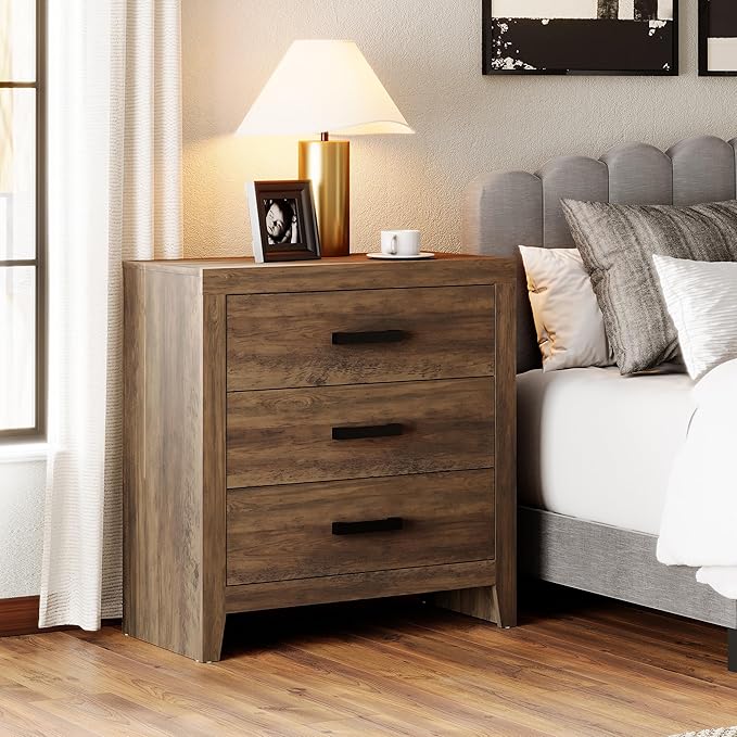 WAMPAT Farmhouse Nightstand with 3 Drawers, Large Wood Bedside Table, Wide Sofa Side End Table, Storage Organizer Chest for Living Room, Bedroom, Hallway, Brown, 32 Inches