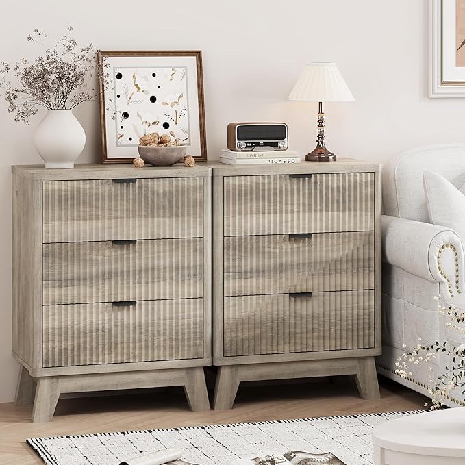 Fluted Nightstand with 3 Storage Drawers, 24" Wide Wood Bedside Table with Mental Handle, Mid Century Modern Wooden Side Table Night Stand, Curved End Table for Bedroom, Living Room, Grey