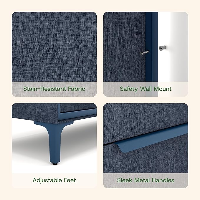 Naima Premium Fabric Dresser - Strong Metal Frame, 10 Spacious Sag-Proof Drawers with Sleek Metal Handles - Premium & Durable Storage Solution for Your Home (Navy)