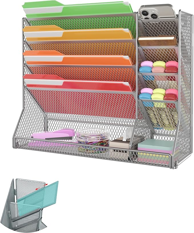 File Organizer Wall Mounted 4 Tiers Durable Adjustable Metal Vertical Hanging With 4 Pen Slots Stable R-shaped Bottom 4 Pull-out Devider to Sort File, Mail, Newspaper,Pen, Suitable for Office, Silver