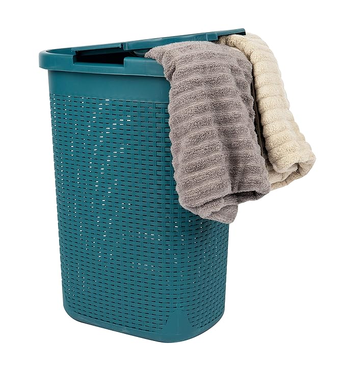 Mind Reader Slim Laundry Hamper with Lid, 60L Clothes Basket, Premium Wicker Design, Plastic, Blue