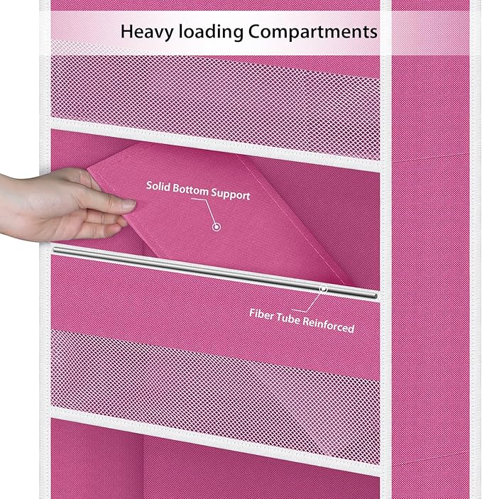 Univivi 5-Shelf Fabric Door Storage Over Door Hanging Organizer with 4 Large Pockets and 3 Small PVC Pockets Nursery Closet Cabinet Wall Mount Hanging Storage Organizers for Baby Nursery (Pink)