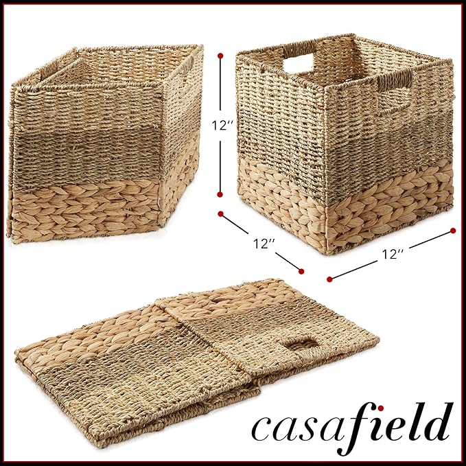 Casafield 12" x 12" Mixed Weave Storage Baskets, Natural - Set of 2 Woven Hyacinth Seagrass Wicker Storage Cube Bins for Bathroom, Bedroom, Laundry, Pantry, Shelves
