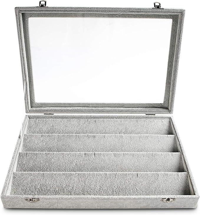 Frebeauty Earring Organizer Tray with Clear Lid 64 Slots Velvet Drawer Insert Earring Storage box with Transparent Glass lid Jewelry Display Case with lock Gifts for Girls Women (Grey, Earrings)