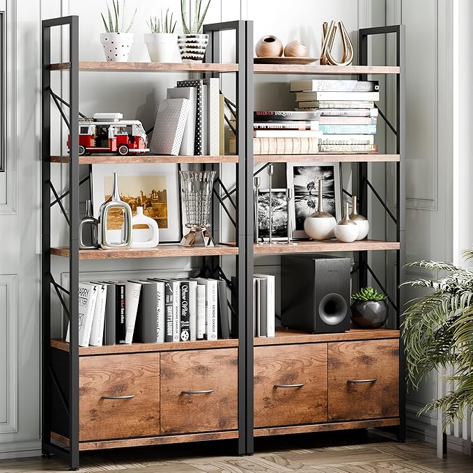Vongrasig 5 Tier Bookshelf with 2 Drawers, Industrial Tall Bookcase, Modern Display Bookshelves Wood and Metal Shelf, Free Standing Storage Organizer for Office, Living Room, Brown