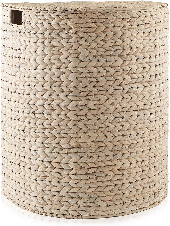 Casafield Half Moon Laundry Hamper with Lid and Removable Liner Bag - Whitewash, Woven Water Hyacinth Laundry Basket for Clothes and Towels