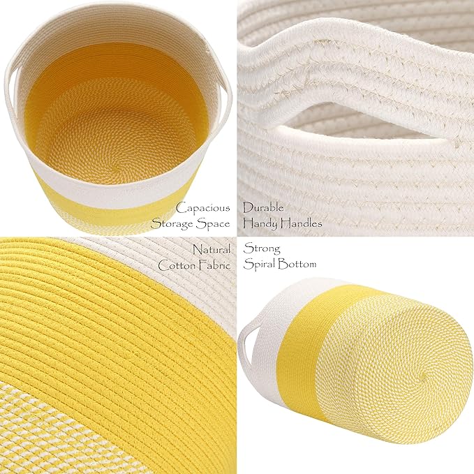 Sea Team Large Size Cotton Rope Woven Storage Basket with Handles, Laundry Hamper, Fabric Bucket, Drum, Clothes Toys Organizer for Kid's Room, 20 x 14 inches, Round Open Design, White & Mottled Yellow
