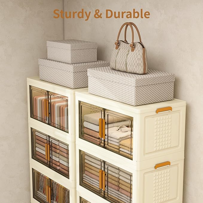 Plastic Stackable Storage Bins with Lids and Wheels, Foldable Closet Organizers and Storage Containers, Collapsible Clear Drawer Storage Cabinet with Doors Ivory White 720 QT