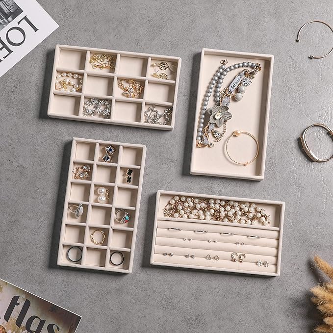 Frebeauty Jewelry Organizer Tray,Stackable Velvet Jewelry Trays,Drawer Inserts Earring Organizer For Women Jewelry Storage Display Case for Rings Stud Necklaces,Set of 9(Beige)