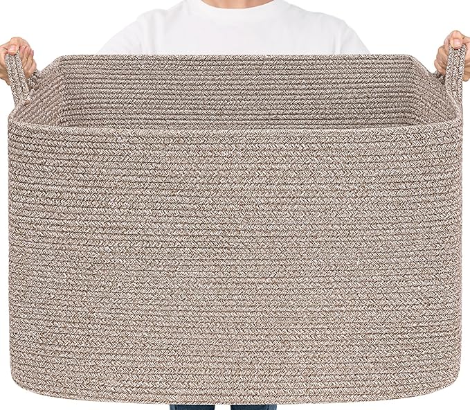 Goodpick 105L Large Woven Storage Basket, Rectangle Cotton Rope Basket for Blankets, Clothes, Oversized Toy Storage Organizer for Living Room, Nursery, 25"x16"x16", Brown