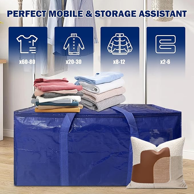 4 Pack Extra Heavy Duty Large Moving Bags with Strong Zipper & Carrying Handles, Sturdy Clothes Storage Bags Totes Bins, Packing Moving Boxes College Supplies, Dark Blue - 24 gal