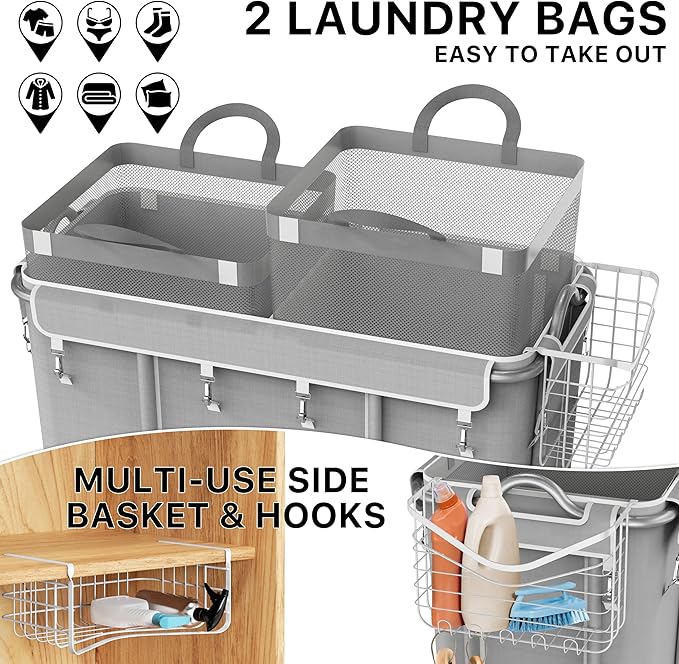Simple Houseware Extra Large 2 Section Rolling Laundry Cart 265 Liter – Heavy Duty Hamper with 2 Removable Bags & 6 Smooth Wheels – Commercial Laundry Organizer for Home, Hotel, Dorm, Gym, Gray