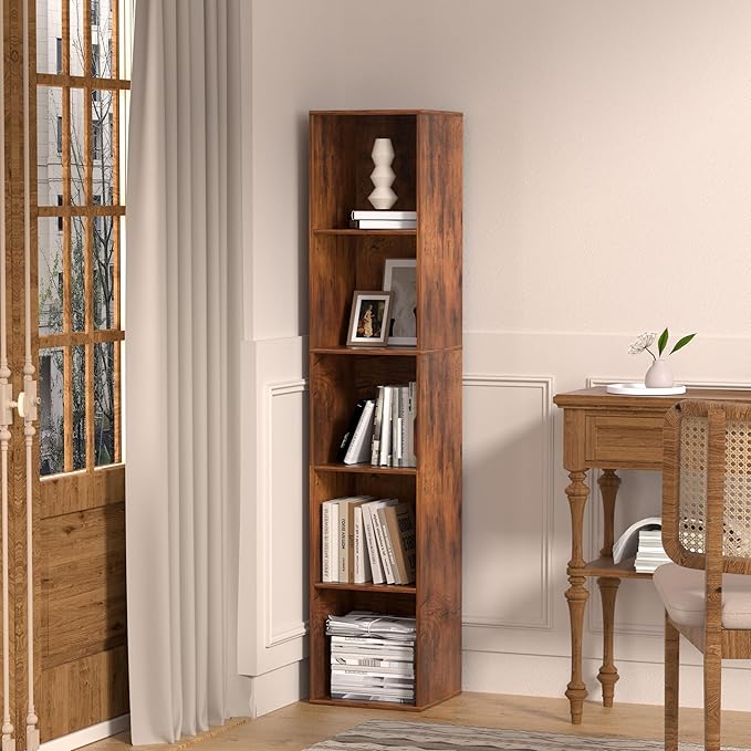 5 Cube Storage Organizer, 5 Tier Vertical Cube Bookcase Freestanding Storage Display Organizer for Home Office, Five Cubes Open Shelf Bookshelf (Retro Brown, 5 Cube)