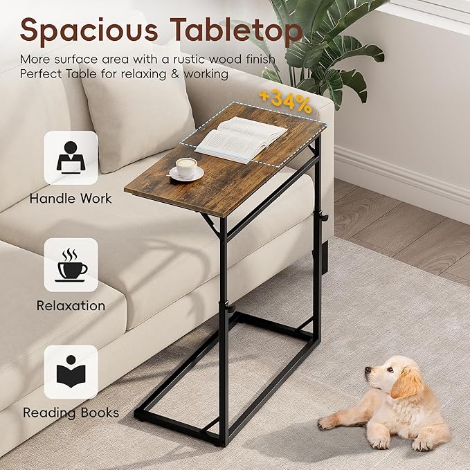 Vagusicc C Shaped End Table, Tall Side Table for Couch, C-Table End Table Adjustable Height Side Tables, Large Surface Sofa Tables TV Tray, Slide Under Couch Tables for Sofa, Living Room,Bedroom,Brown