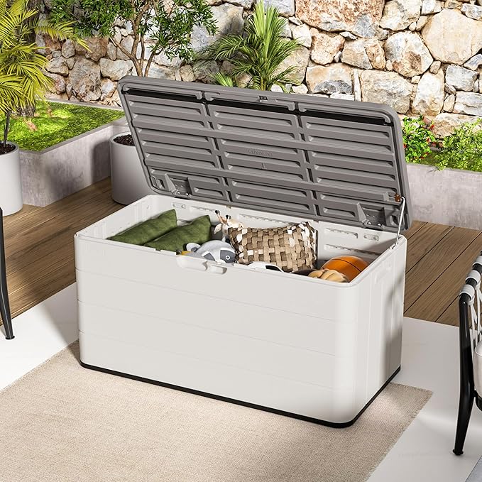 100 Gallon Plus Resin Deck Box, Waterproof Outdoor Storage Box for Patio Furniture, Garden Tools, and Pool Accessories, Lockable UV-Resistant Storage Bin Bench Cabinet for Outside, White