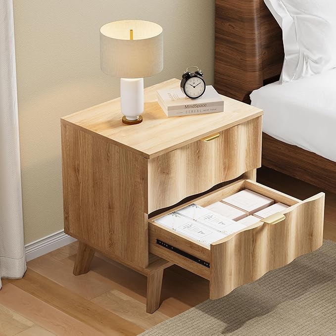 Nightstand, Bedside Table with 2 Drawers and Metal Handles, Sofa Side End Table with Storage for Bedroom, Living Room, Entryway (Natural)