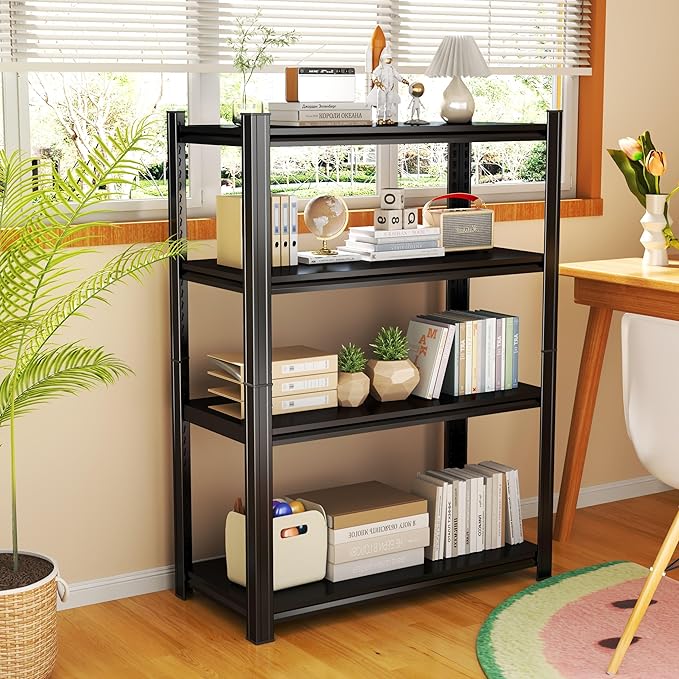 Storage Shelves, Garage Metal Shelving Unit, Adjustable, Double-Layer Column with Reinforced Ribs, Heavy-Duty, Capable of Bearing 600-3600 lbs (Black, 45''W*20''D*63''H, 4-Tier)