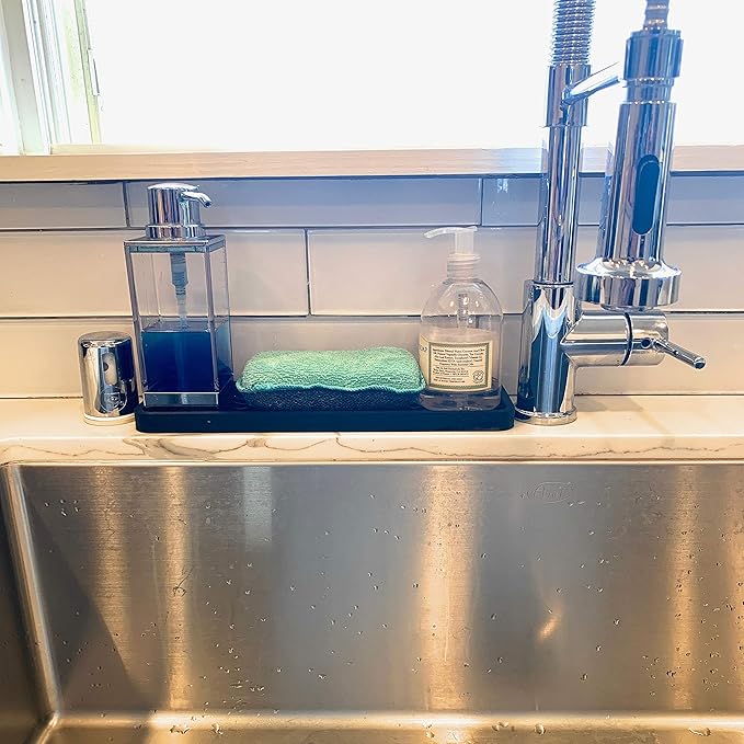 Happitasa Silicone Kitchen Sink Organizer Tray, Sponge Holder and Countertop Protector | Bathroom and Kitchen Soap Dish and Dispenser Tray (Black, 12" x 4", 9.2 Ounces, Zigzag)