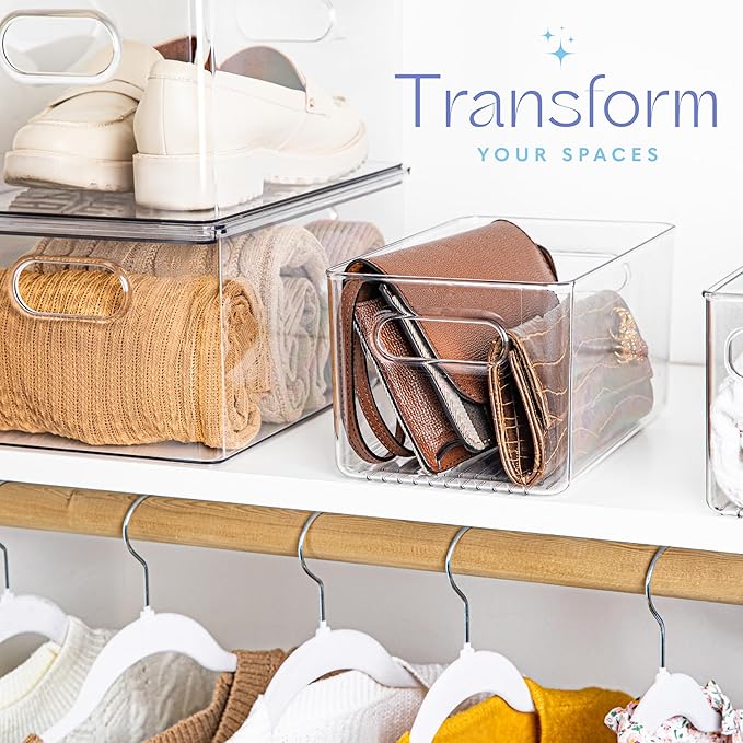 primebox Plastic Food Storage 2 Pack Clear Container Bin with Handles for Organizing Kitchen, Pantry, Refrigerator, Freezer, Pantry, Cabinet, Closet, Bathroom. 10”x6”x5”