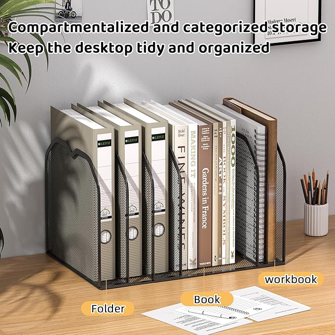 Black 7-Section File Folder Organizer for Desk – Metal Vertical File Holder, Desktop File Organizer Vertical Stand, Letter/A4 Folder Rack, Upright File Sorter, Office Paper Organizer