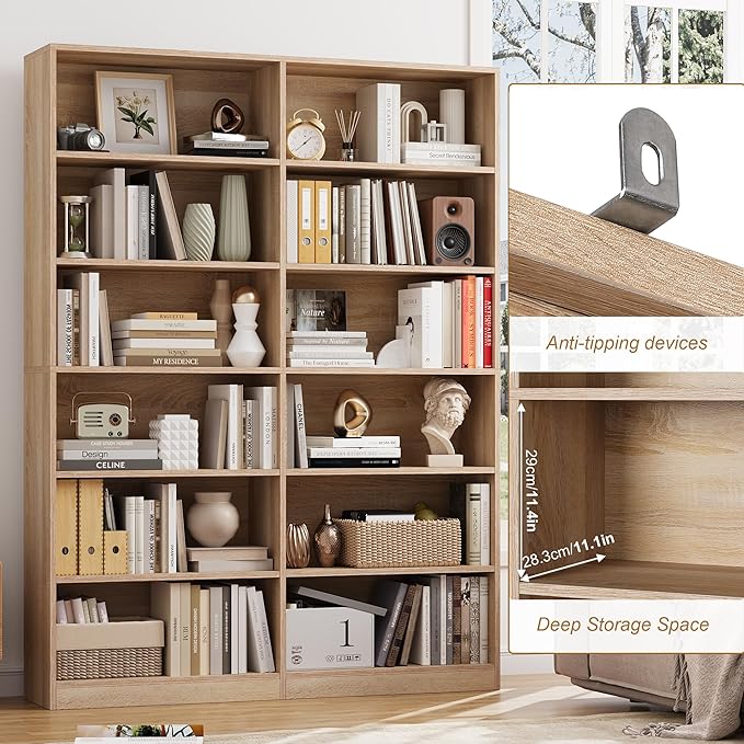 FACBOTALL Bookshelf and Bookcase, 6-Tier Double Wide Bookshelves,Freestanding Display Storage Shelves, Tall Bookcases for Home Decor Bedroom, Living Room, Home Office, Light Oak