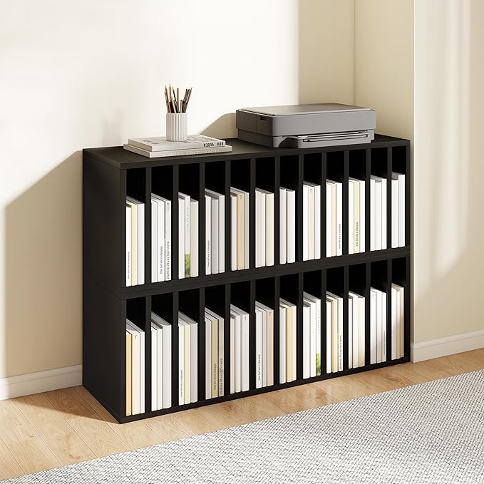 IOTXY DIY Modular Cube Bookcase - CubeXY Customizable Stackable Expandable Basic Shelving Units, 12-Cube Wooden Open Bookshelf with Removable Shelves for Vinyl Record Storage Organizer, Black