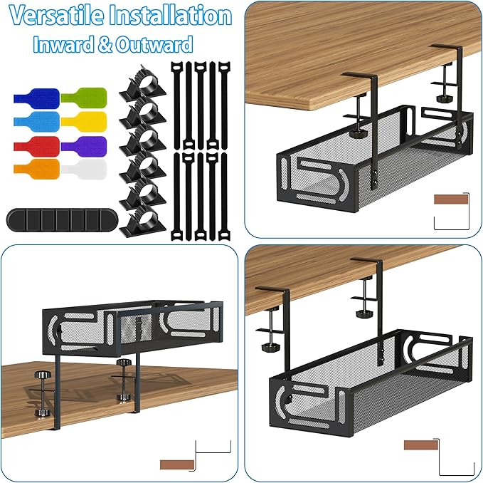 No Drill Under Desk Cable Management Tray, SONATURE 15.7" Cord Organizer for Table, Clamp Mount Desk Cable Management, Premium Carbon Steel Cable Organizer for Office, Home (Black)
