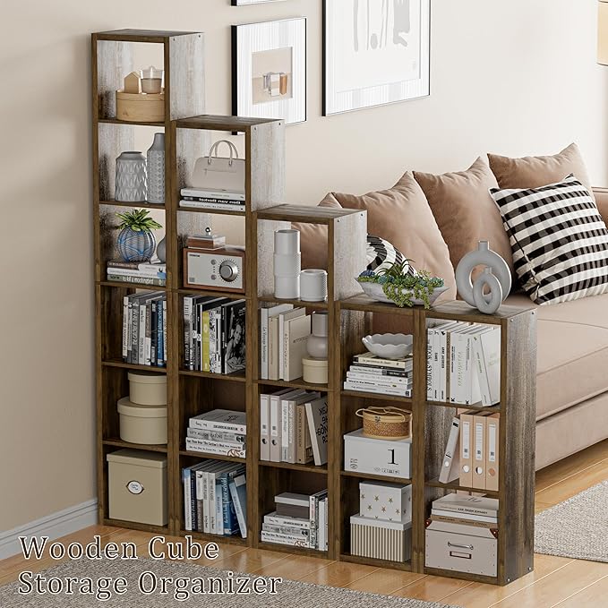 Tall Cube Storage Organizer Bookcase, 6 Tier 11 inch Open Back Cubical Shelf with Thickened Border, Display Bookshelf for Living Room, Home Office, Sturdy Room (Brown, 6 Cube,Vertical)