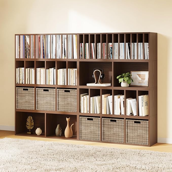 IOTXY DIY Modular Cube Bookcase - CubeXY Customizable Stackable Expandable Combination Set, 23-Cube Open Bookshelf for Books, Fabric Storage Bin, and Vinyl Record Organizer, Walnut