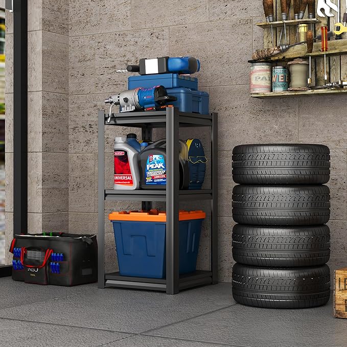 32'' Storage Shelves, 3Tier Garage Metal Shelving Unit, Adjustable, Double-Layer Column with Reinforced Ribs, Heavy-Duty, Capable of Bearing 1800 lbs, Suitable for Garage, Warehouse, Kitchen Storage